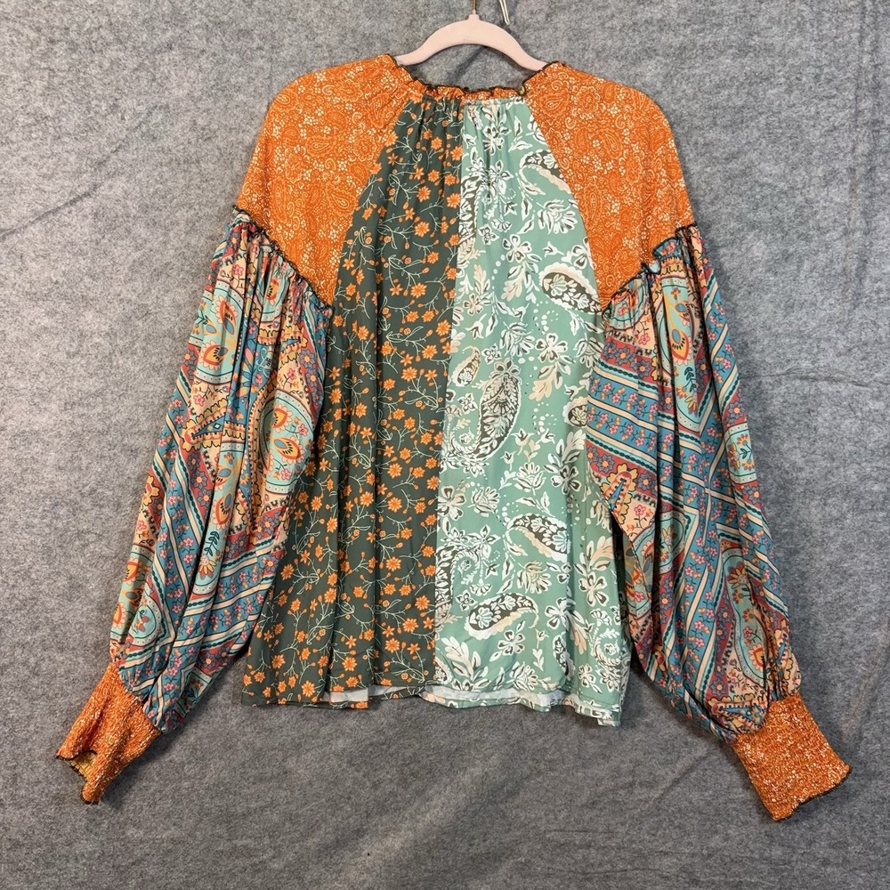 Oli & Hali Patchwork Blouse Womens Sz L Multicolor Paisley Floral Boho Peasant - Picture 3 of 8